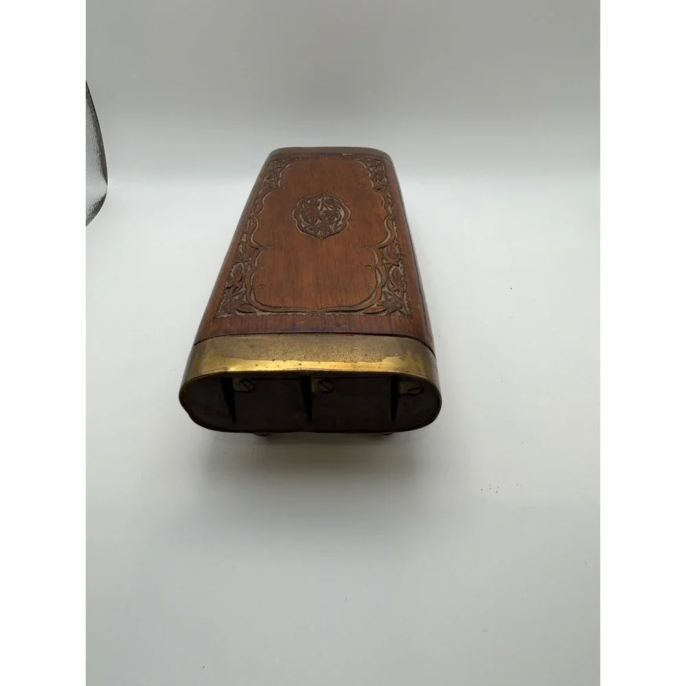 Vintage Hand Carved Wood Brass Steak Knife Set 6pc India Floral Storage Block